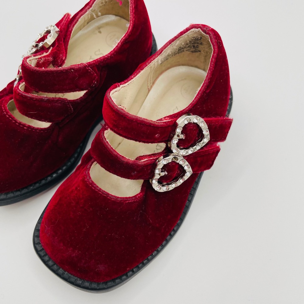 Vtg Sprockets Mary Jane Red Velvet Rhinestone Heart Buckle Baby Girl 4 Coquette - Picture 3 of 6